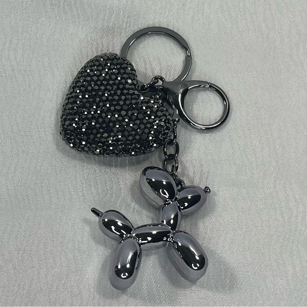 Gun Metal Black Balloon Dog & Rhinestone Heart Charm Keychain